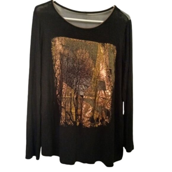 Graphic Jersey Top Black Gold Art Image Long Sleeve Size Large - Picture 3 of 6